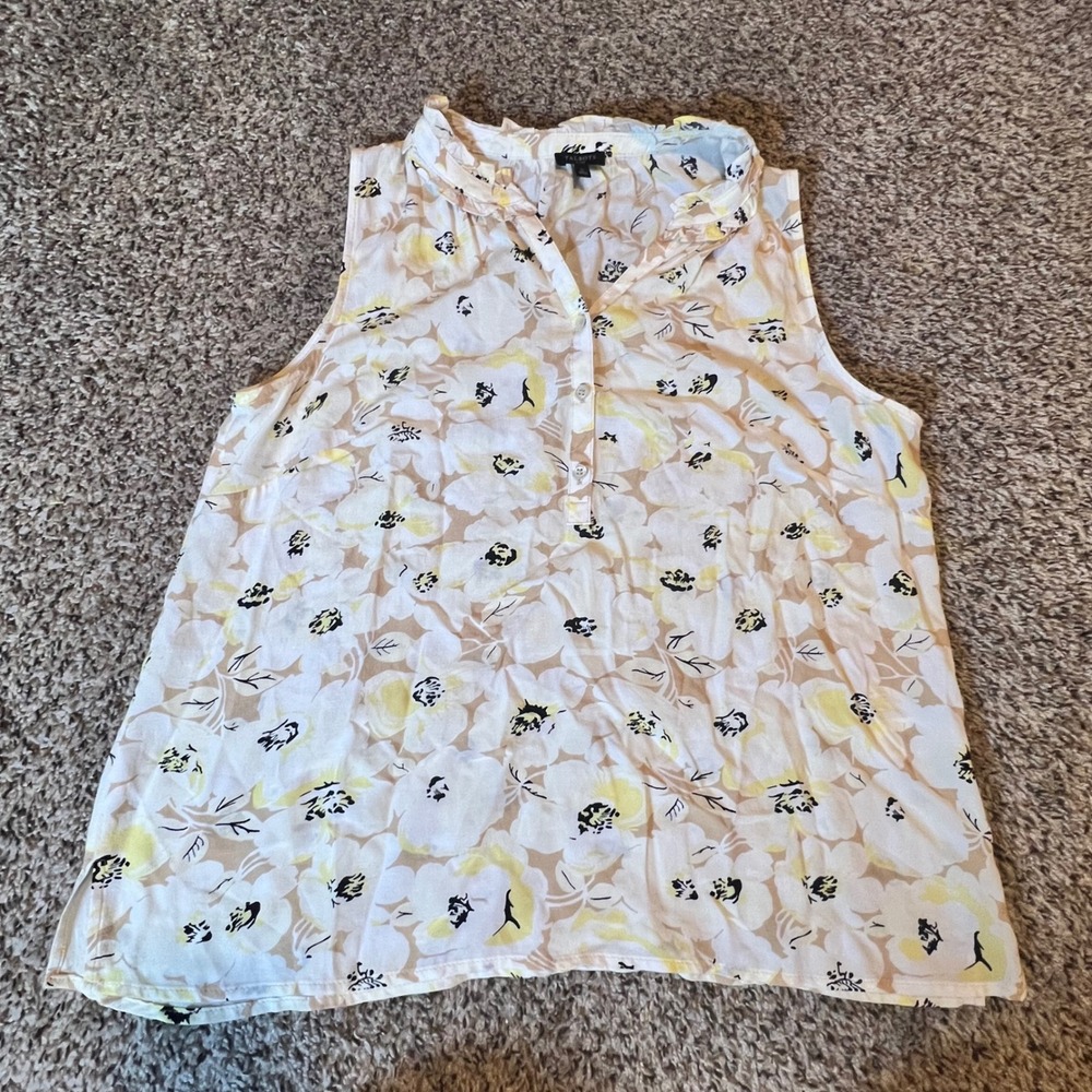 Talbots Petite Large Sleeveless Floral Viscose Blouse Ruffle Neck Yellow White